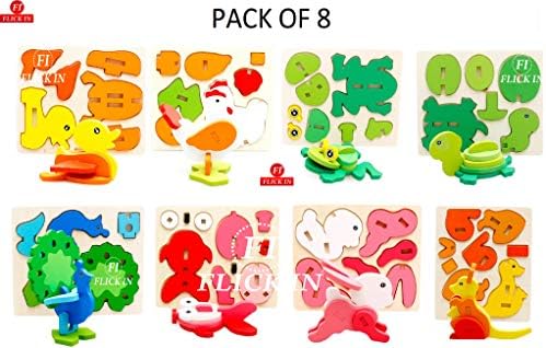 FI - FLICK IN Animals Shapes Colorful Developmental 3D Wooden Different Patterns Jigsaw Puzzles Brain Toys for Early Age Montessori Kids - Pack of 8 (17.5 x 15 cm)