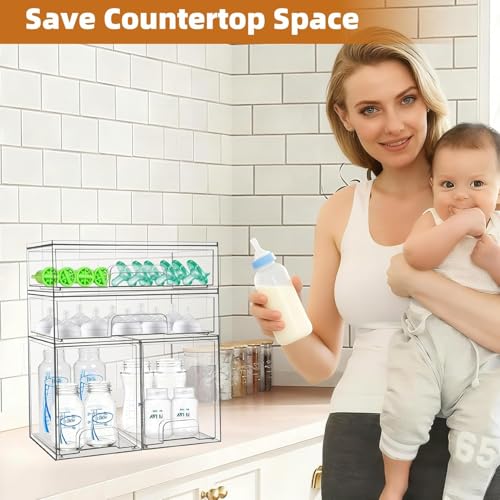 Bottle Storage Organizer Baby, Acrylic Bottles Station Organizer Container, Stackable Clear Drawers for Countertop, Vanity, Bathroom, Cabinet, Pantry Organization (4 Pack)