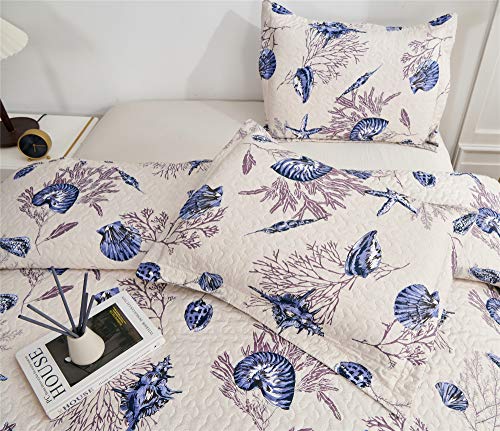 3-Piece Coastal Antique Quilt Set Twin Size,Tropical Seashells Sea Fan Starfish Coral in Offwhite Background, Nautical Quilted Bedspread Coverlet Bedding Set Bedroom Decor for All Seasons (Blue,Twin)