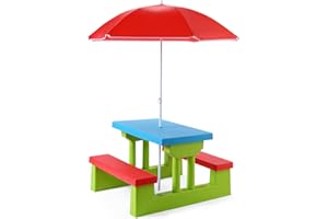 KOTEK Kids Picnic Table Set w/Removable Umbrella, Outdoor Party Table and Bench for Tea Time & Study, Brightly Colored Toddle