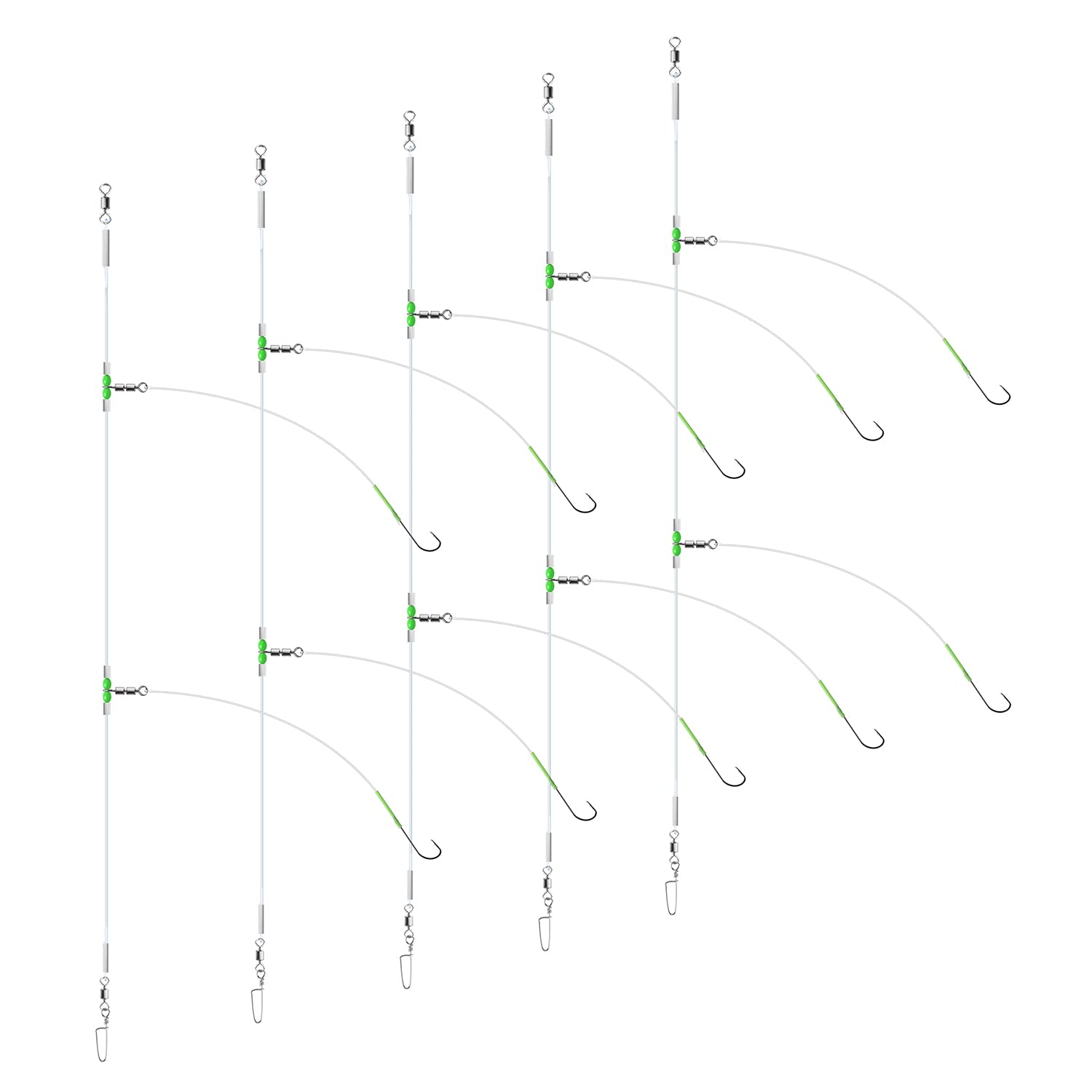 Luroad 5pcs Sea Fishing Rigs, Flapper Rigs Sea Fishing Hook Sizes 1, 2/0 for Beach Casting Shore Fishing Flounder, Whiting, Bass, Plaice (B. 5pcs- 2 hooks- size 2/0-52cm gap)