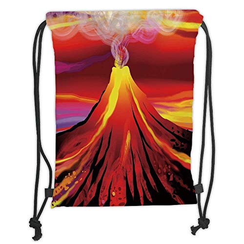 Custom Printed Drawstring Backpacks Bags,Volcano,Digital Painting of Volcano with Smoke Vibrant Abstract Eruption Scenery,Red Yellow Black Soft Satin,5 Liter Capacity,Adjustable String Closure,Th