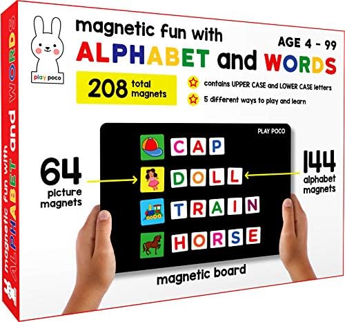 Play Poco Magnetic Fun with Alphabet and Words - with 64 Picture Magnets, 144 Letter Magnets (Capital & Small), Magnetic Board and Spelling Guide