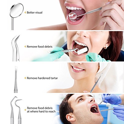 Dental Tools, ElleSye 10 PACK Stainless Steel Dental Pick Dental Hygiene Kit Set Tongue Scraper, Tooth Scraper Plaque Tartar Dental Scaler Tweezers Mouth Mirror for Personal & Pet Oral Care Use - Thumbnail 4