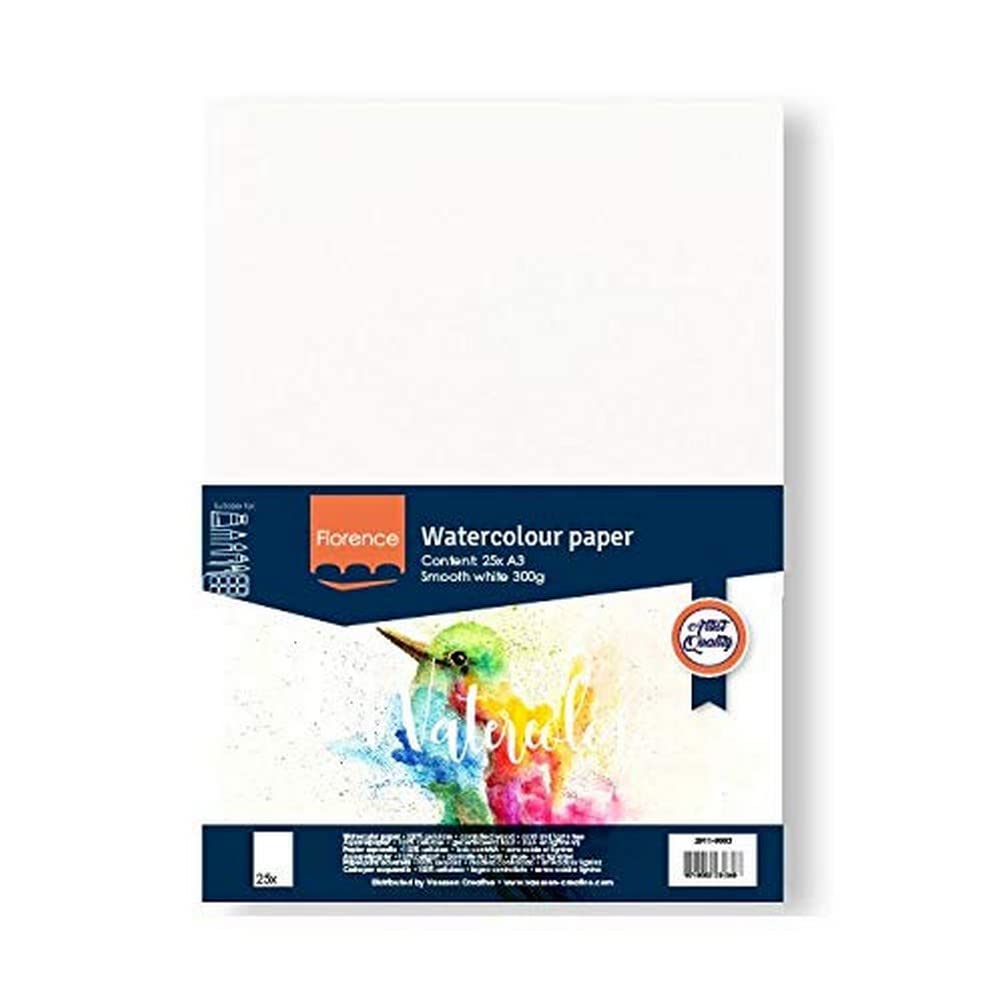 Vaessen Creative Florence Hot Pressed Watercolour Paper A3, White, 300 GSM, Smooth Surface, Artist Grade Quality, 25 Sheets for Painting, Hand Lettering, Art Projects and More