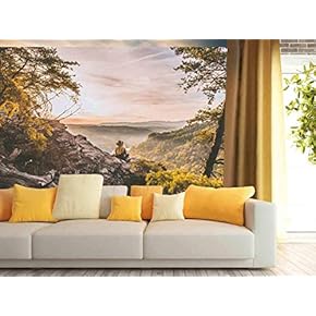Fall Landscape with a Woman Sitting on The Mountain - Removable Wall Mural | Self-Adhesive Large Wallpaper - 66x96 inches