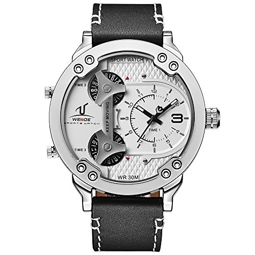 WEIDE Men's White Three Time Zones 30M Water Resistance Analog Genuine Leather Band Military Quartz Wristwatch