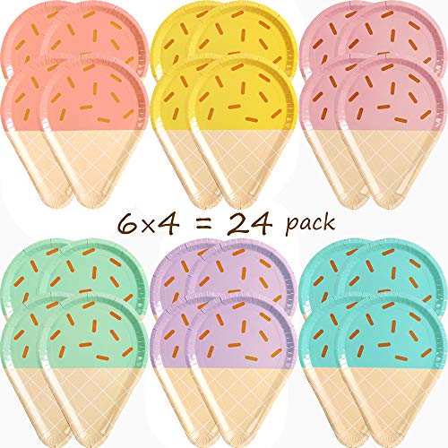 Partybus Ice Cream Party Plates Serves 24, 10'' Disposable Paper Plates, Cute Sundae Party Supplies for Kids Boys Girls Toddlers, Birthday Baby Shower Decorations