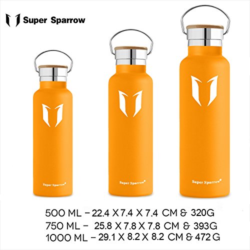 Super Sparrow Stainless Steel Vacuum Insulated Water Bottle, Double Wall Design,Standard Mouth - 500ml & 750ml - BPA Free - with 2 Exchangeable Caps + Bottle Pouch (Mango, 750ml-25oz)