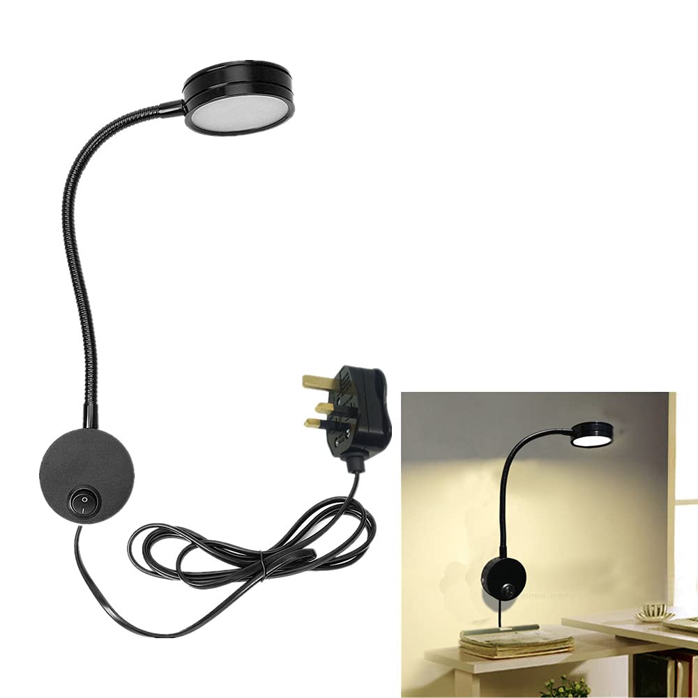 BoYeeBo Flexible Arm 5W LED Bedside Reading Lights, Wall Mounted LED Wall Lamp Working Study Headboard Light with Plug & Switch for Bedroom, Office, Workbench, Studio (Black,3000K)