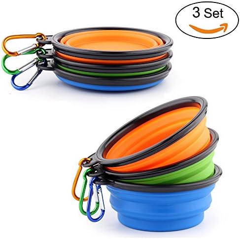 Sumdreams Folding Portable Pet Bowls Pet Travel Bowl for Food & Water Bowls Free Carabiners Set of 3 Green, Blue and Yellow