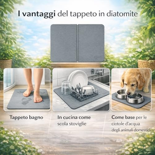 KLOTI Diatomite Bathroom Rug, Non-Slip Bath Mat, Absorbent Shower Mat, Non-Slip Bath Mat, Quick Drying Anti-Mildew, 60 x 39 cm, Grey