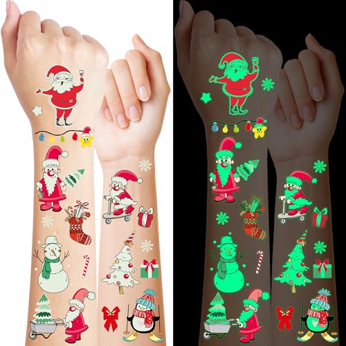 243PCS Christmas Tattoos for Kids, 12Sheets Christmas Party Favors, Luminious Xmas Tattoos Stocking Stuff, Xmas Stickers, Bulk Xmas Holiday Ugly Sweater Party Supplies Accessories Candy