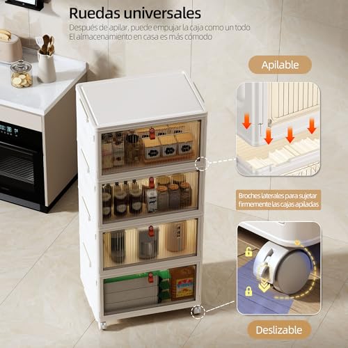 NETEL Plastic Storage Boxes, 47L 4 Units Storage Box with Lid, Plastic Folding Box, Stackable Storage Box with Wheels, Suitable for Bedrooms, Living Rooms and Kitchens
