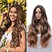 Brown Ombre Wig 28 Inch Long Wavy Wig Soft Dark Warm Brown Roots Mixed Ash Blonde Curly Hair for Women Glueless Long Wave Synthetic Wig Free Wig Cap Cosplay Halloween Wig