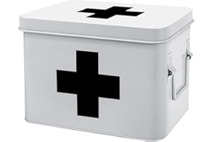 Flexzion First Aid Medicine Box Supplies Kit Organizer - Empty 8" White Metal Tin Medic Storage Bin Hard Case with Removable 
