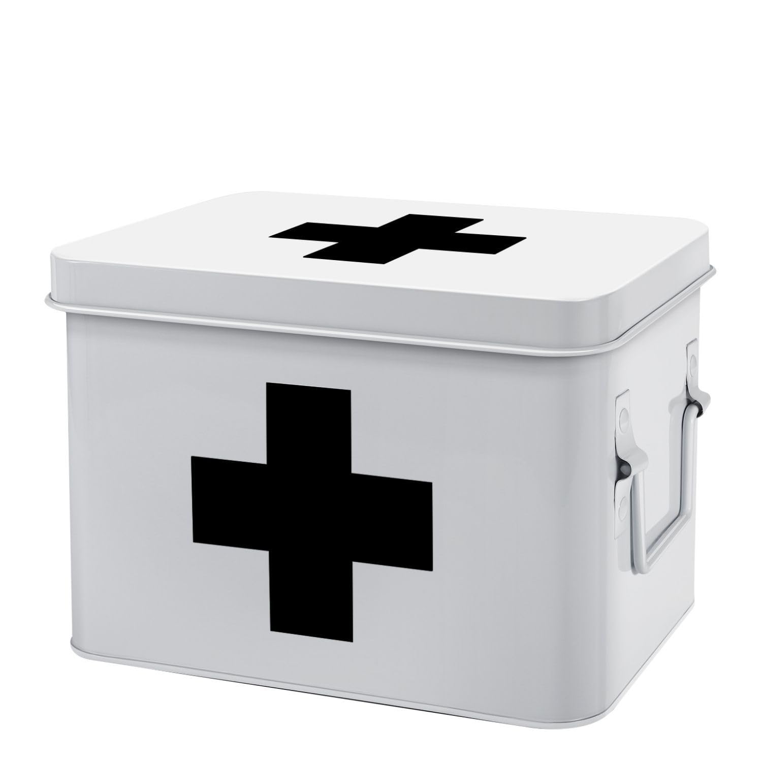 Photo 1 of Flexzion First Aid Medicine Box Supplies Kit Organizer - Empty 8" White Metal Tin Medic Storage Bin Hard Case with Removable Tray Gold Cross, Vintage Antique Boxes for Home Family Emergency Tool Set