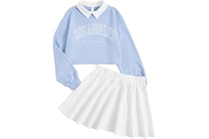 SOLY HUX Girl's 2 Piece Outfits Letter Graphic Long Sleeve Collar Sweatshirt and Skater Skirt Set