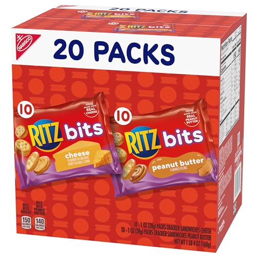 RITZ BITS CHEESE AND RITZ BITS PEANUT BUTTER SANDWICH CRACKERS VARIETY PACK, LUNCH SNACKS, 20 SNACK PACKS