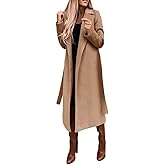 utcoco Womens Long Wool Pea Coats Notched Collar Open Front Woolen Blend Trench Coat with Belt