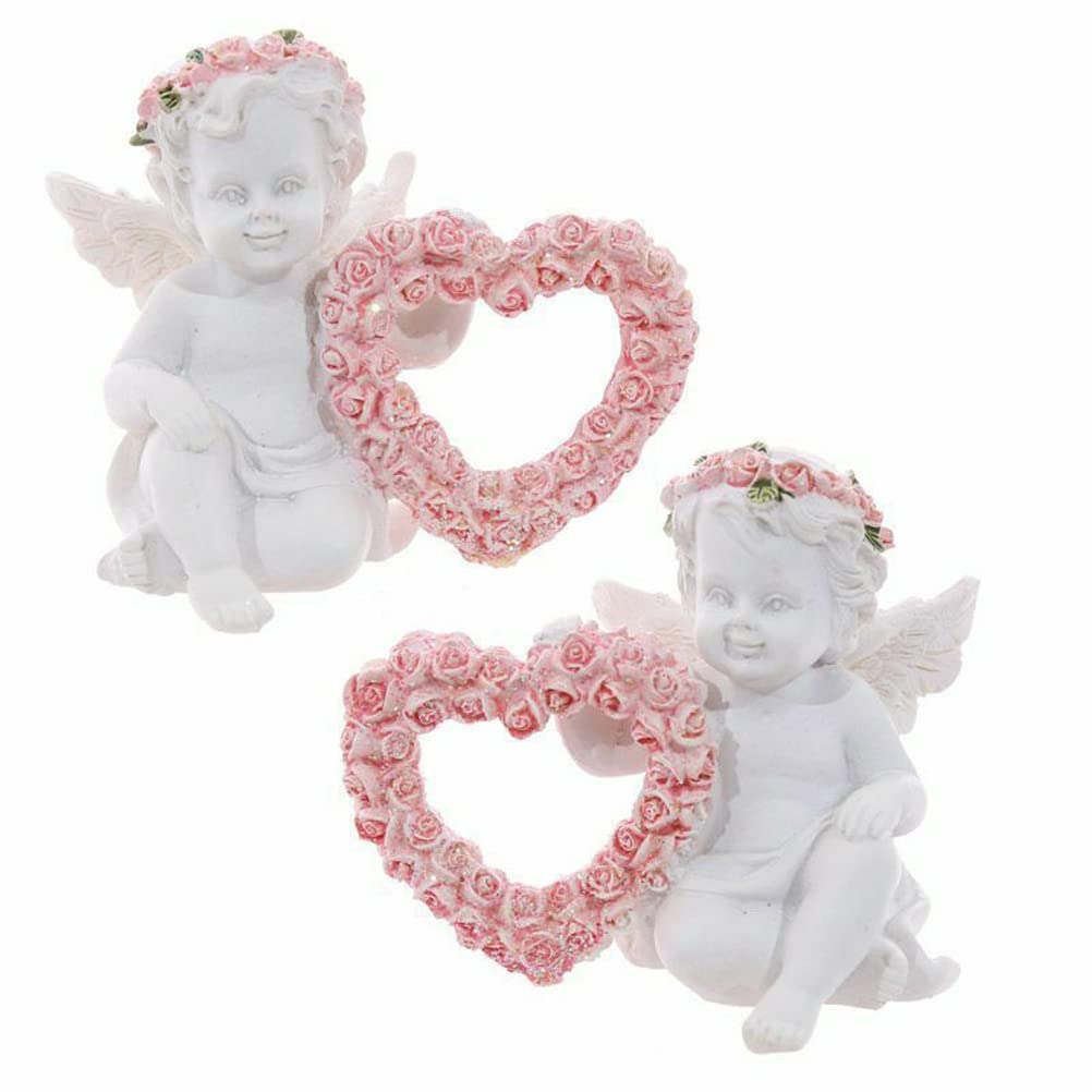 Dapuly Resin Cherubs Statue, 1 Pair Figurine Adorable Angel Sculpture with Heart Rose Wreath Landscape Garden Cherub Ornament for Indoor Outdoor Patio Decoration