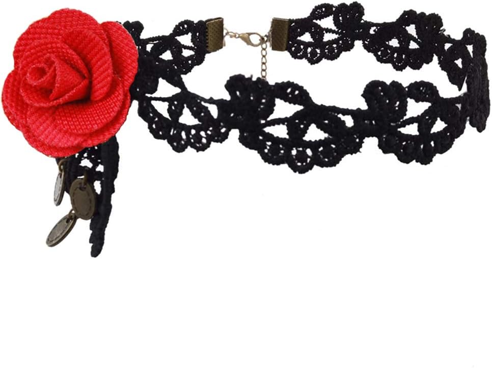 Prettie Choker Necklace for Women Red Flower Rose Gothic Black Lace Necklace for Halloween Punk Steampunk Costume Party Lolita Victorian Vintage Choker Halloween Pendant Chain