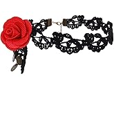 Prettie Choker Necklace for Women Red Flower Rose Gothic Black Lace Necklace for Halloween Punk Steampunk Costume Party Lolita Victorian Vintage Choker Halloween Pendant Chain
