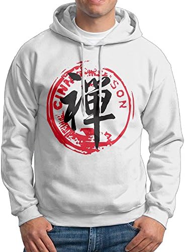 Obachi Calligraphy Chinese Men's Long Sleeve Pullover Hooded Sweatshirt White Size XL