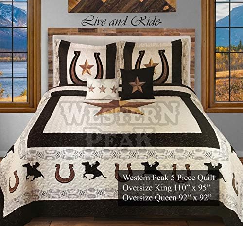 Western Peak 5 Pc Western Texas Cross Lodge Barbed Wire Quilt Bedspread Shams Pillow Oversize Comforter (Beige Cowboy Star, Queen)