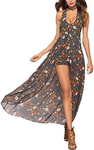 sexqueen Women Vintage Jumpsuit Dress Party Clubwear Playsuit Beach Romper Split Maxi Dress (3XL, Coffee)