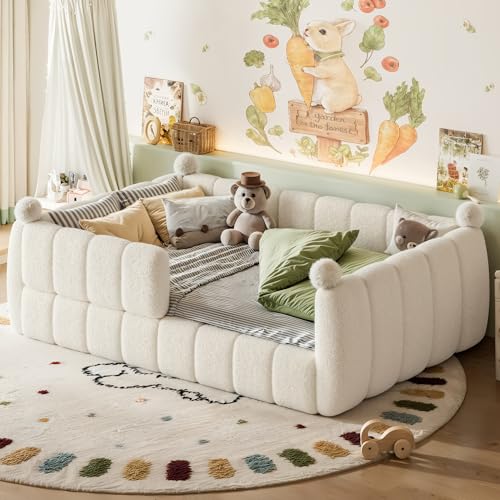Bellemave Full Size Upholstered Montessori Floor Bed with Fence,Beige