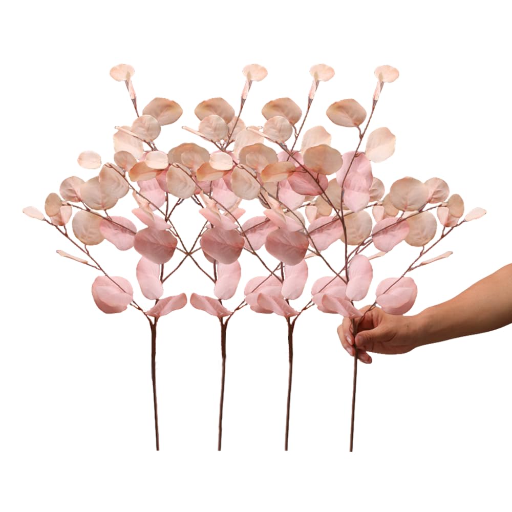 DODXIAOBEUL 4 Pcs Fall Flowers Artificial for Decoration 34'' Faux Eucalyptus Stems Leaves Long Stem Eucalyptus Branches Fake Eucalyptus Silk Fall Leaves for Home Wedding Festival Party Decor (Pink)