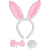 JIALWEN Easter Bunny Ears Set, 3 Piece Plush Rabbit Ears Headband Bow Tie and Tail for Halloween Cosplay Party Dress Up Accessories (White + Pink)