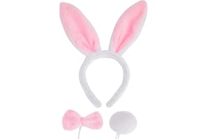 JIALWEN Easter Bunny Ears Set, 3 Piece Plush Rabbit Ears Headband Bow Tie and Tail for Halloween Cosplay Party Dress Up Accessories (White + Pink)