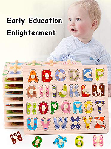 Kids Wooden Peg Puzzles Play Set - Alphabet ABC Numbers 123 Puzzles Board - Pegged Puzzles for Toddler Children Learning Educational Puzzles Toys Gift for 1 2 3 Year Olds Toddlers Boys and Girls