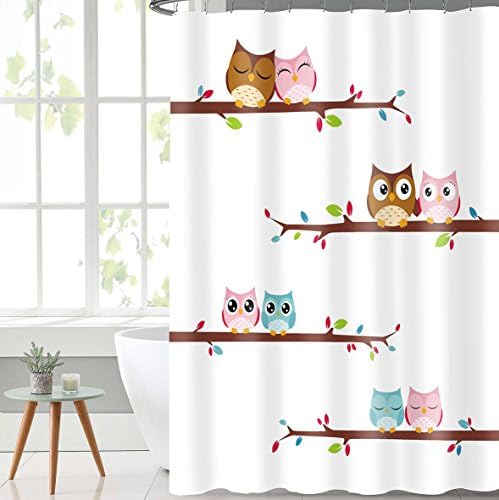 Lovely Owl Fabric Shower Curtain With Hooks Mildew Resistant Bath Curtain Waterproof/Water-Repellent &amp; Antibacterial, 72x72 INCH