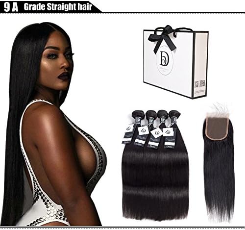 Debe Brazilian Hair Straight 4 Bundles with Lace Closure 9A 100% Unprocessed Virgin Human Hair Weave with Baby Hair Free part Closure Natural Color (16 18 20 20+14 inches)