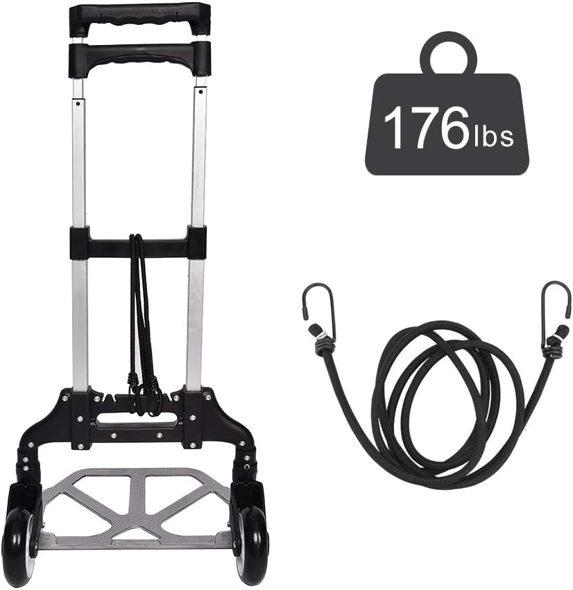 FULLWATT Hand Cart Folding Dolly with 4.9 FT Bungee Cord 176lbs Aluminum Portable Folding Hand Cart and Dolly Ideal for Home Auto Office and Travel Use