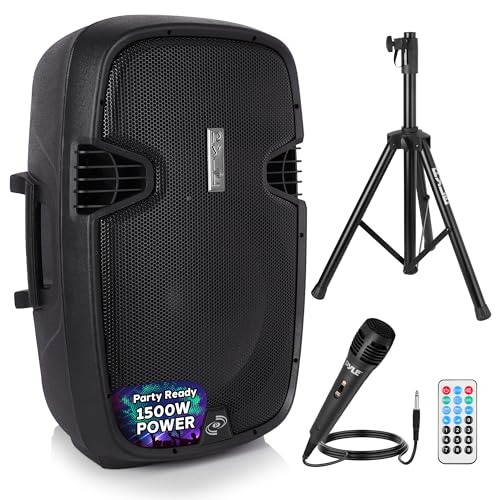 Pyle Wireless Portable PA Speaker System - 1500W High Powered Bluetooth Compatible Active Outdoor Sound Speakers w/USB SD MP3 RCA - 35mm Mount, Stand, Microphone, Power Cable - Pyle PPHP155ST