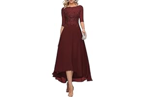 FNKSCRAFT Lace Appliques Mother of The Bride Dress 3/4 Sleeves A line Tea Length Chiffon Formal Wedding Party Prom Gowns for Women