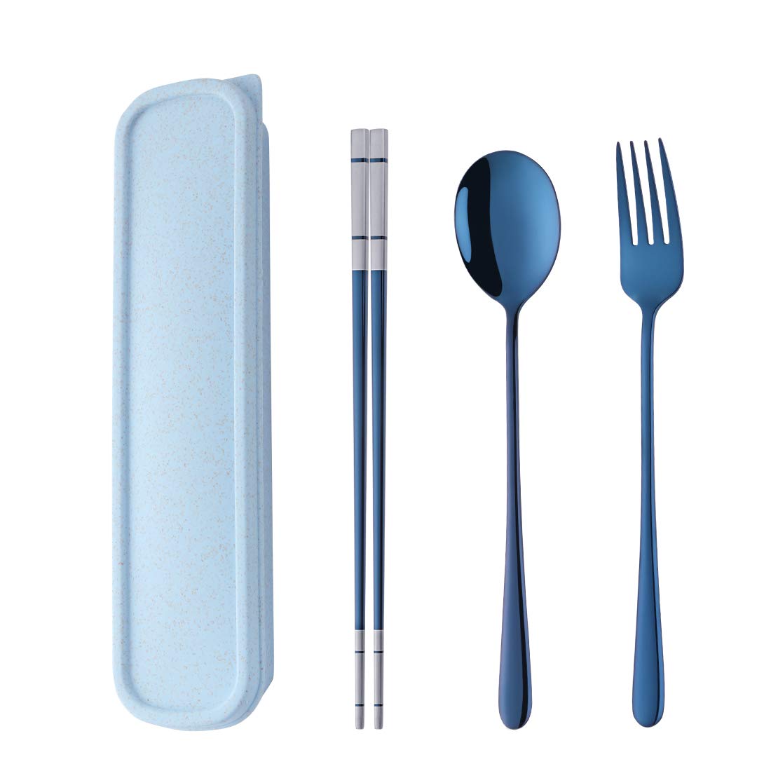 SBOMHS 18/10 Stainless Steel Chopsticks Spoon Fork Set with Portable Case for School Home Office Camping Travel Outdoor - Blue