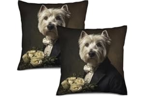 KEEPAEON Westie-Dog in Tuxedo Holding White Roses Vintage Portrait Pillow Covers Cotton Linen Car Sofa Cushion Cover Pillowca