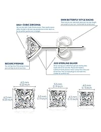 Jewelry For Life Set of 3 Pairs .925 Sterling Silver Cubic Zirconia Stud Earrings, Princess or Round Brilliant: 4mm + 5mm + 6mm