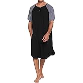 ASHER FASHION Mens Nightgown Henley Y-Neck Night Shirt for Sleeping Short Sleeve Loose Kaftan Sleepwear with Pockets