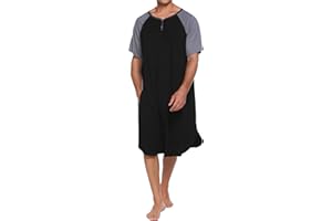 ASHER FASHION Mens Nightgown Henley Y-Neck Night Shirt for Sleeping Short Sleeve Loose Kaftan Sleepwear with Pockets