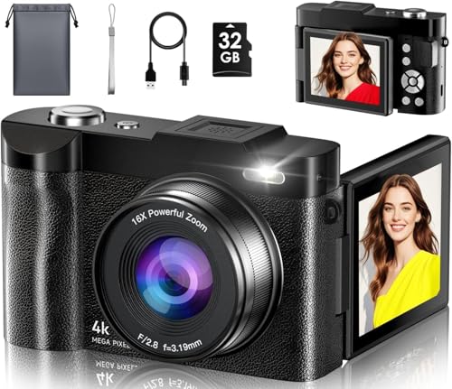 Digital Camera, 4K 50MP Photo Camera, 16X Zoom, Compact Camera with 180° Flip Screen 2.8", Autofocus Vlogging Camera with 32GB, Rechargeable Photo for Beginners, Teens