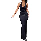 Verdusa Women's Tie Back Ruched Halter Dress Elegant Backless Maxi Bodycon Dresses