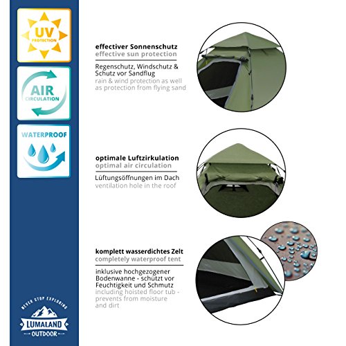 Lumaland Pop Up Camping Zelt | 2-3 Personen Kuppelzelt 215 x 195 x 120 cm| 4 Jahreszeiten Igluzelt | Outdoor Trekking & Festival Wurfzelt | Leicht, Wasserdicht & Robust | Aufbau simpel, schnell – Bild 7