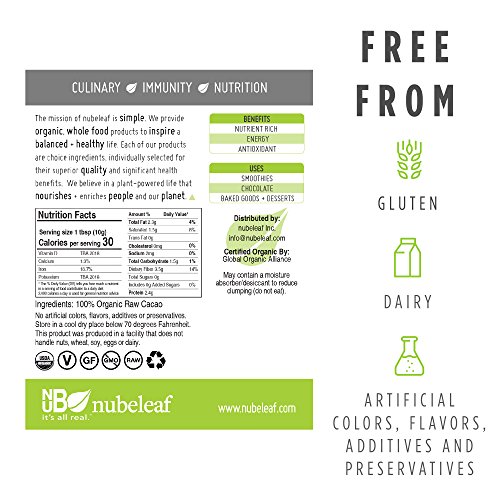 Nubeleaf Cacao Powder - Non-GMO, Gluten-Free, Raw, Organic, Vegan Source of Essential Vitamins & Minerals - Single-Ingredient Nutrient Rich Superfood for Cooking, Baking, Smoothies (14oz) - Thumbnail 3