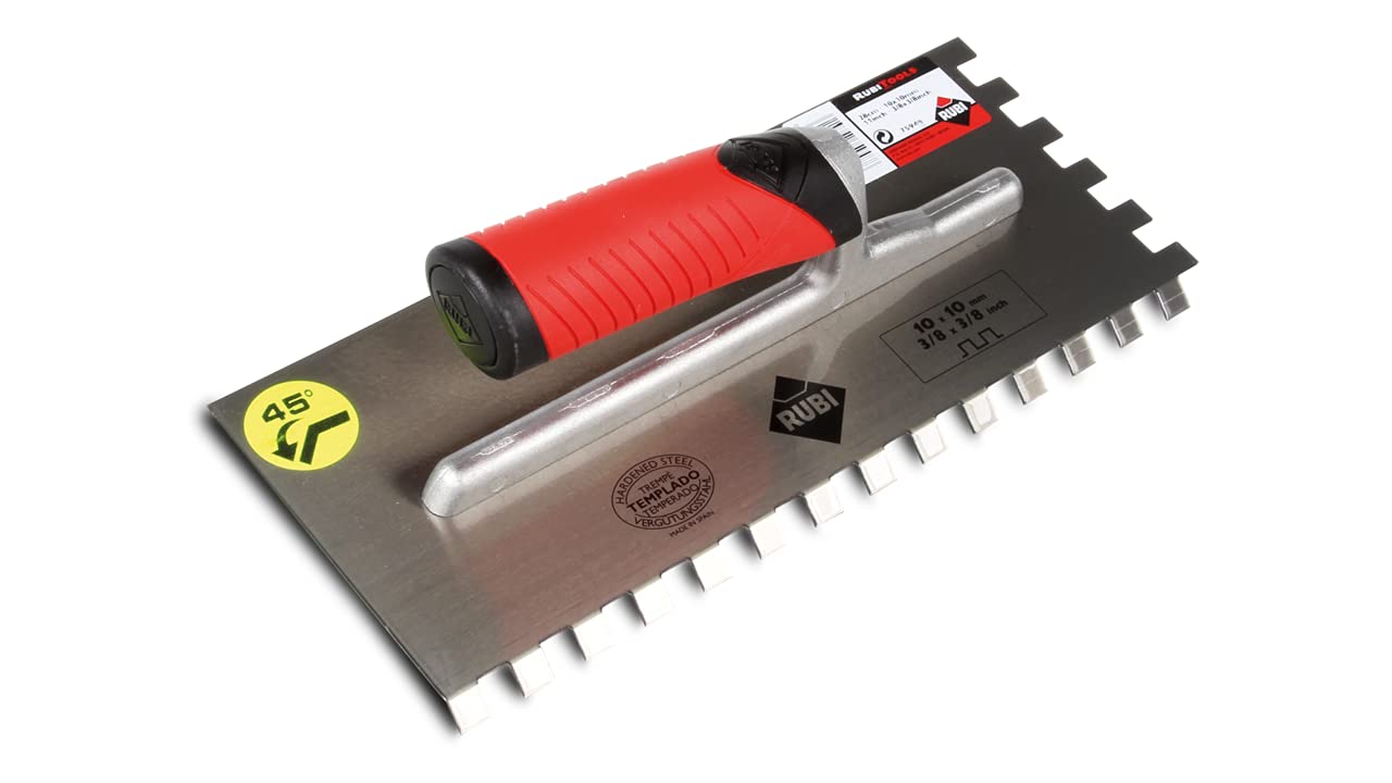 RUBI 75948 | Notched Trowel | Improves Adherence of The Mortar on to Work Surface | Lightweight and Resistant Aluminium Reinforcement | 45º Notched Trowel 11" (28 cm) 13/32"X13/32" (10X10)